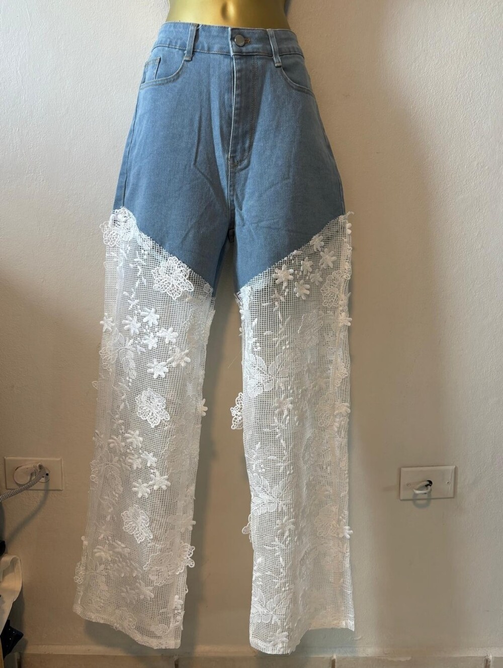Blue Denim Jeans with White Floral Lace Paneling